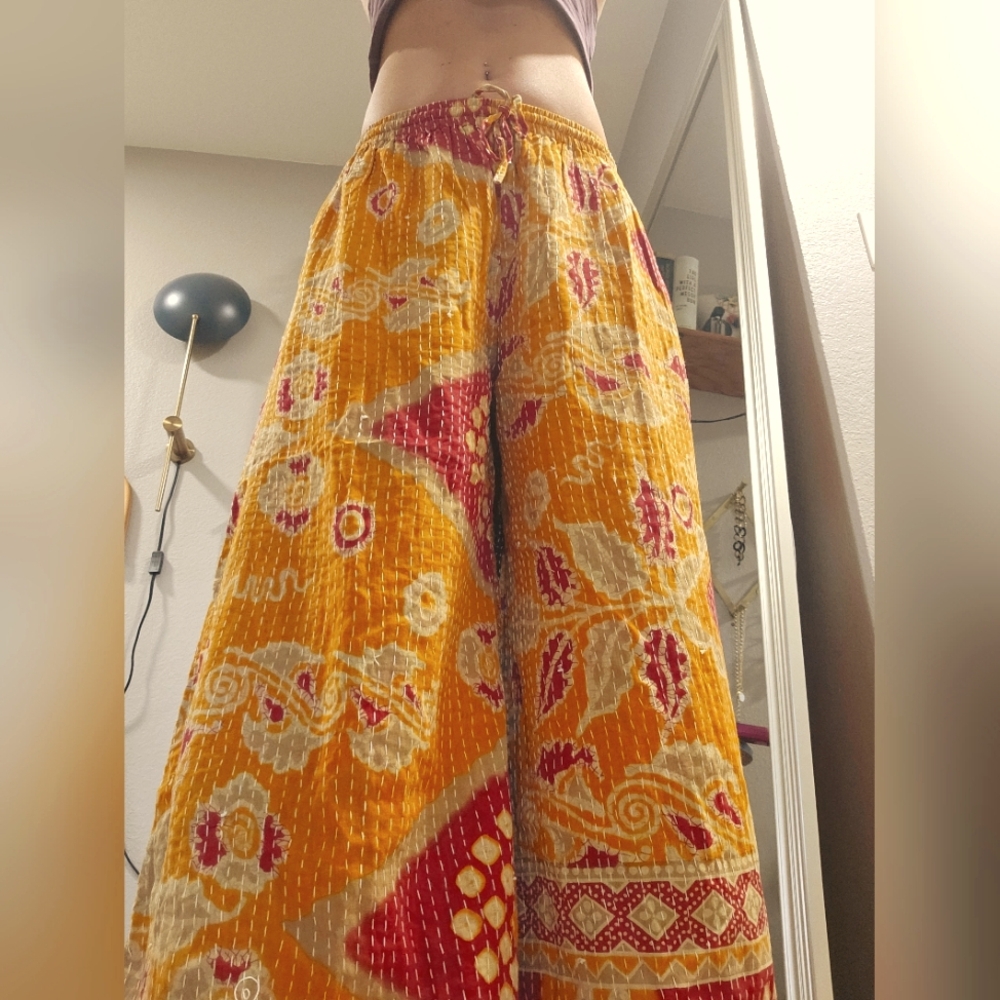 Bohemian Kantha Yellow and Red Wide-Leg Pants